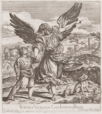 Titian etching from 1682 THE ARCHANGEL RAPHAEL AND TOBIT